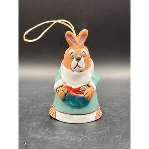 Vtg. Clay Glazed Pottery Bunny Rabbit Figurine Bell Ornament Teal Fruit‎ 3.25"
